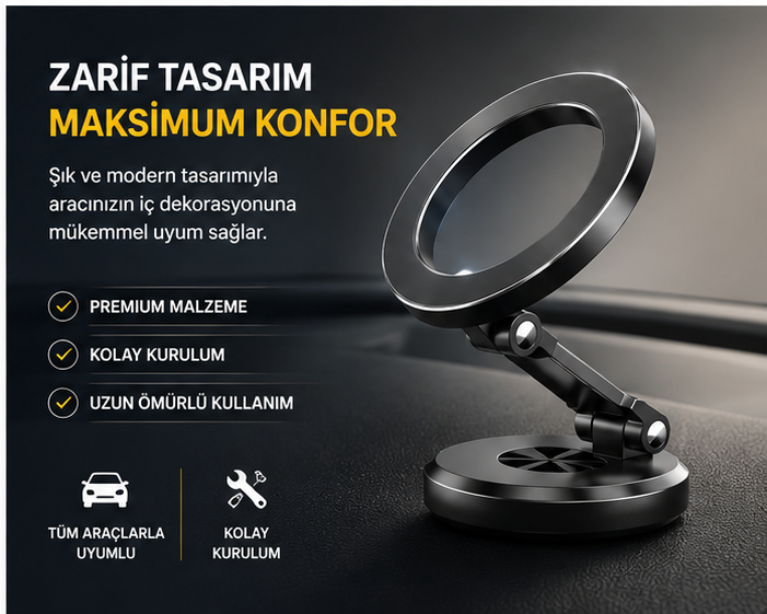360 derece dönebilen araç içi telefon tutucu